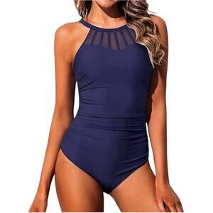 Cupshe Womens Navy Blue One Piece Swimsuit Mesh Details Size Medium